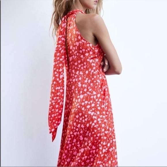 Zara Red Floral Satin Effect Halter Neck Tie Back Midi Dress - Picture 11 of 13